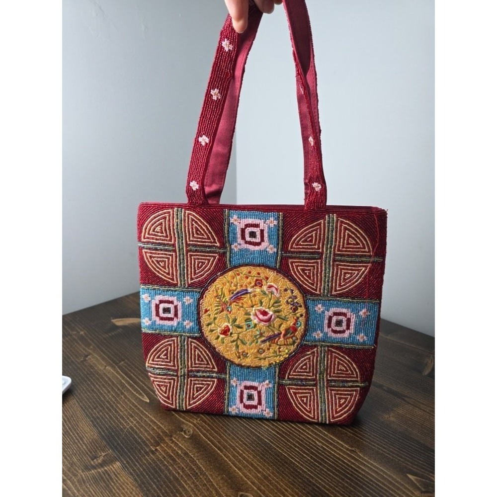 Handcrafted Handbag Red Blue Orange Shoulder Floral Bird‎ Bag Tote Purse